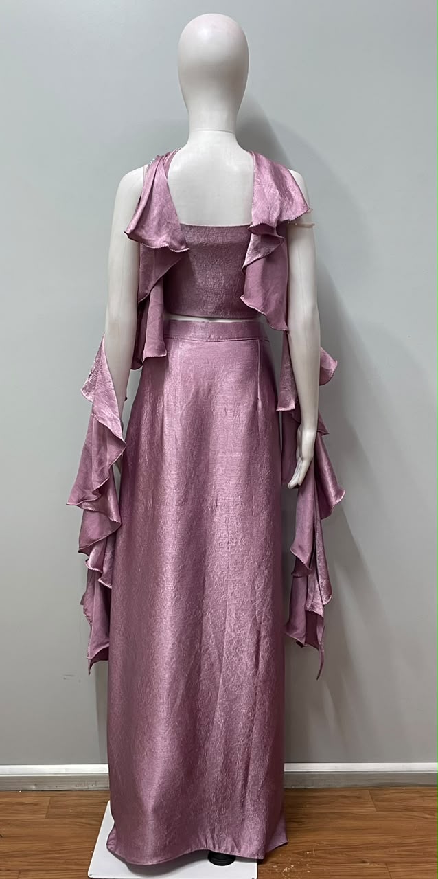Dusty Mauve Sculpted Ruffle Draped Saree Set