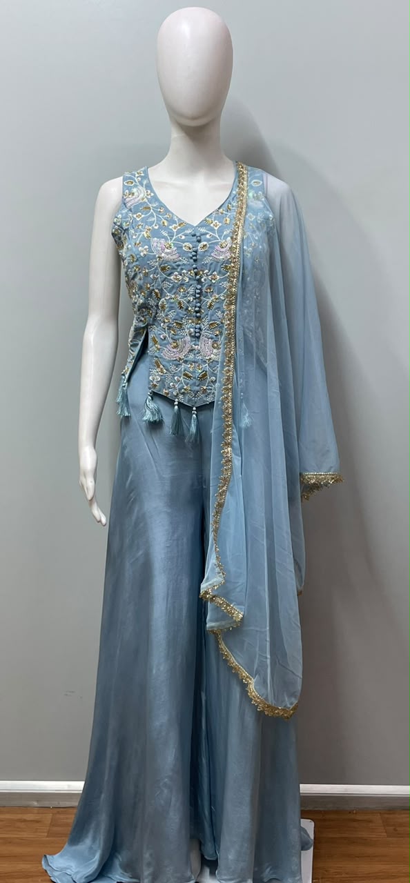 Powder Blue Gold Floral Embroidered Palazzo Ensemble