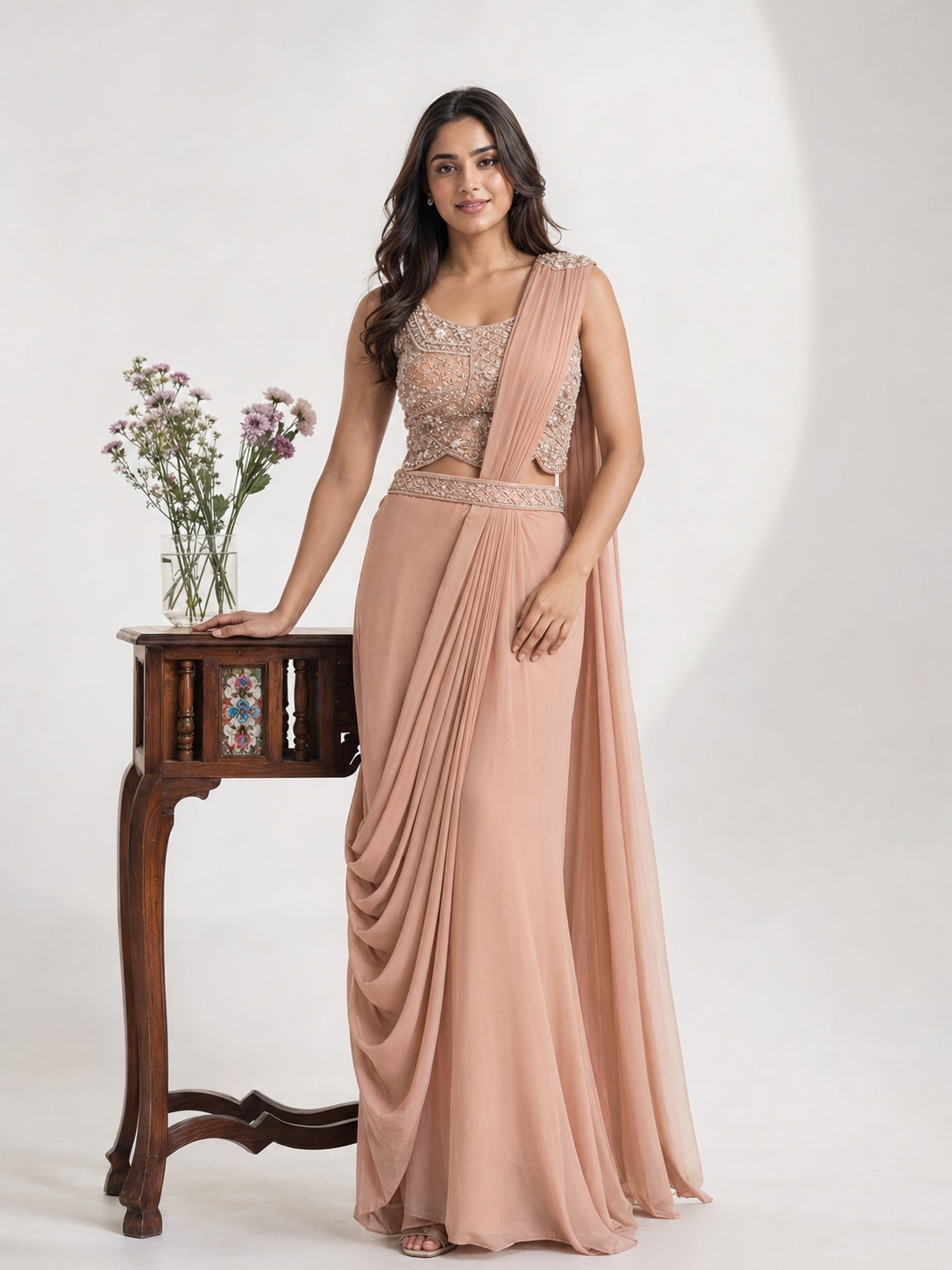 Dusty Peach Pearl Draped Saree Set