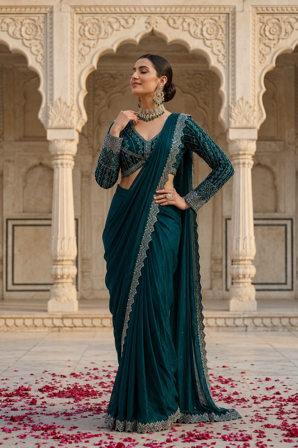 Emerald Mirror Draped Saree Set
