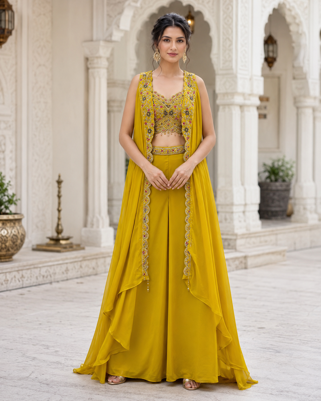 Mustard Mirror Cape Palazzo Set
