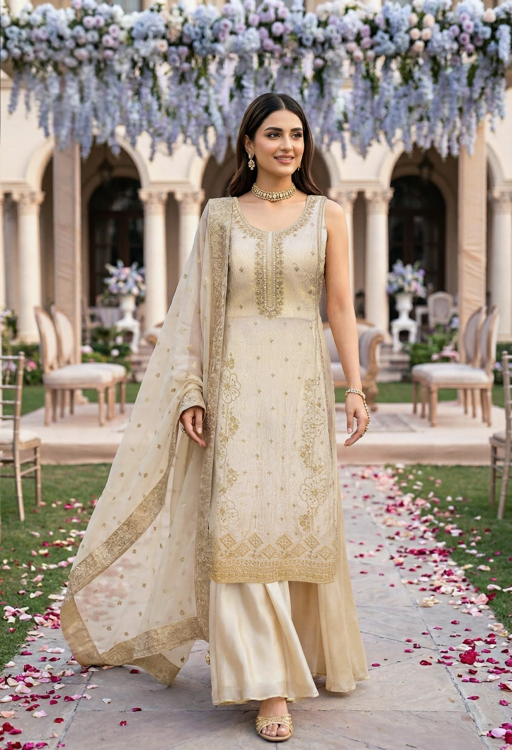 Ivory Gold Embroidered Sharara Set