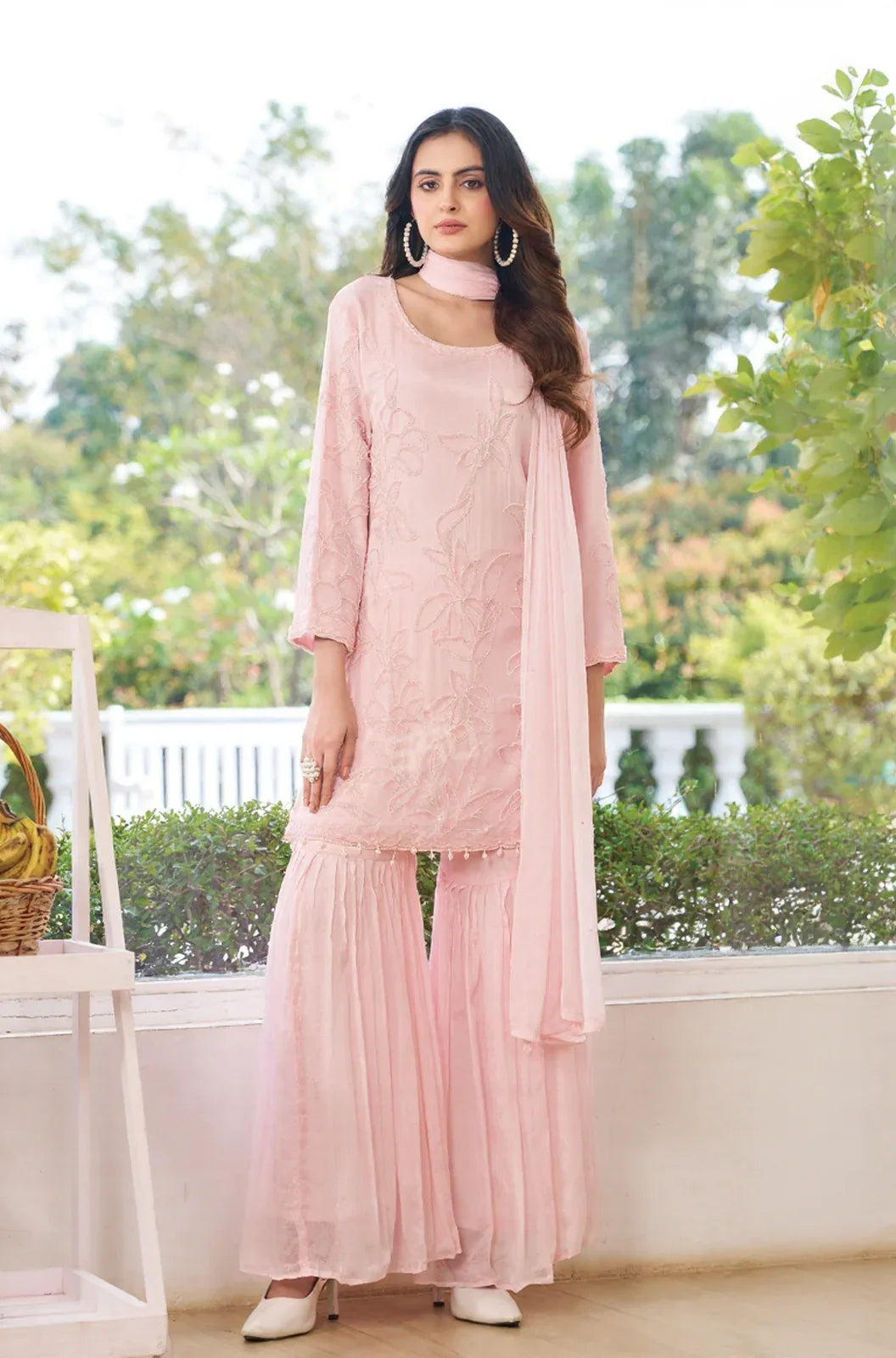 Blush Pink Floral Embroidered Sharara Set - MishUUU