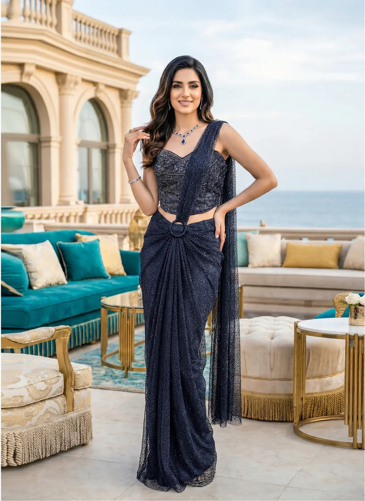 Midnight Sapphire Drape Saree Set - MishUUU