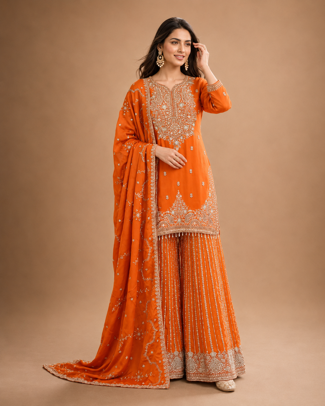 Tangerine Gold Embroidered Sharara Suit Set