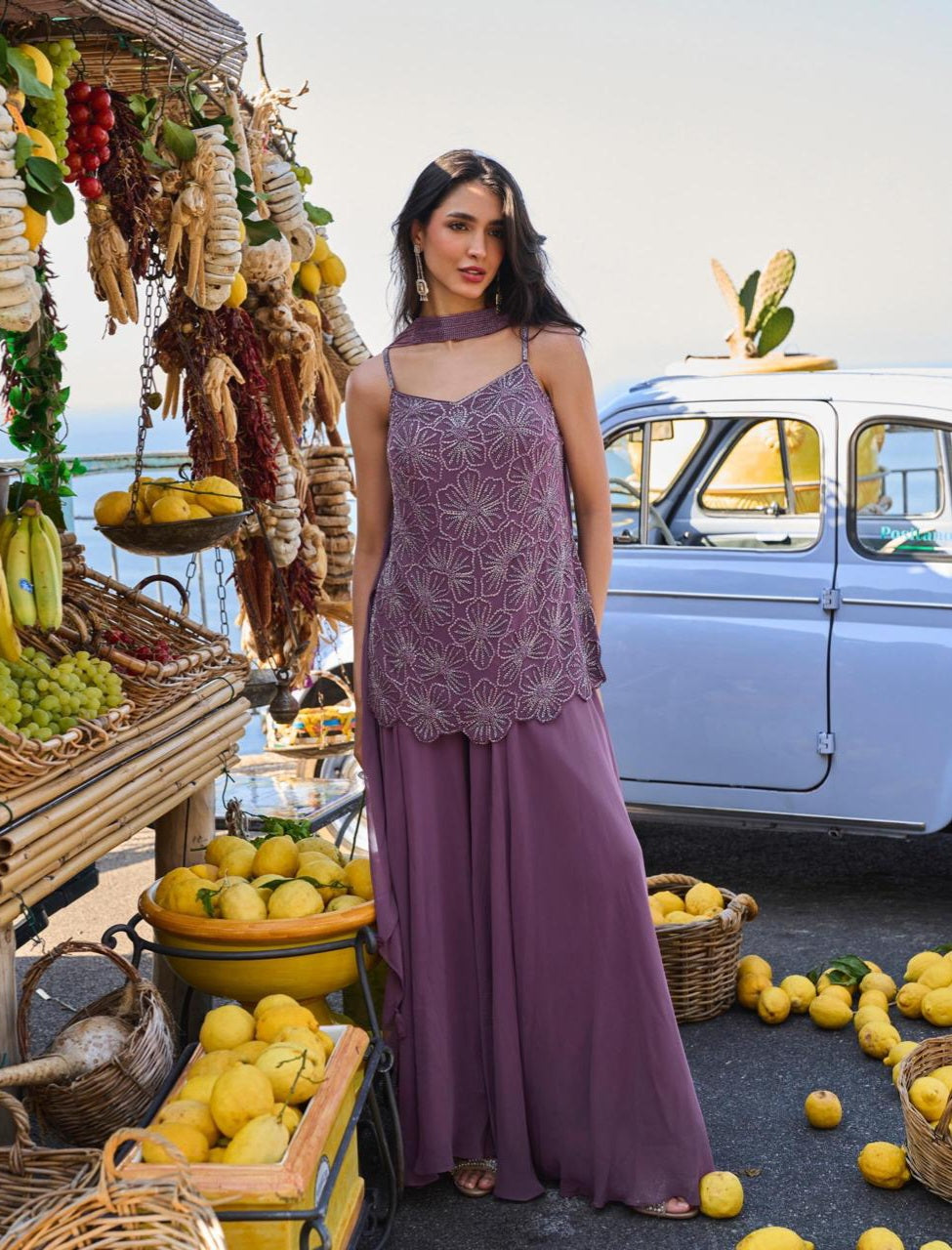 Mauve Floral Embroidered Palazzo Set