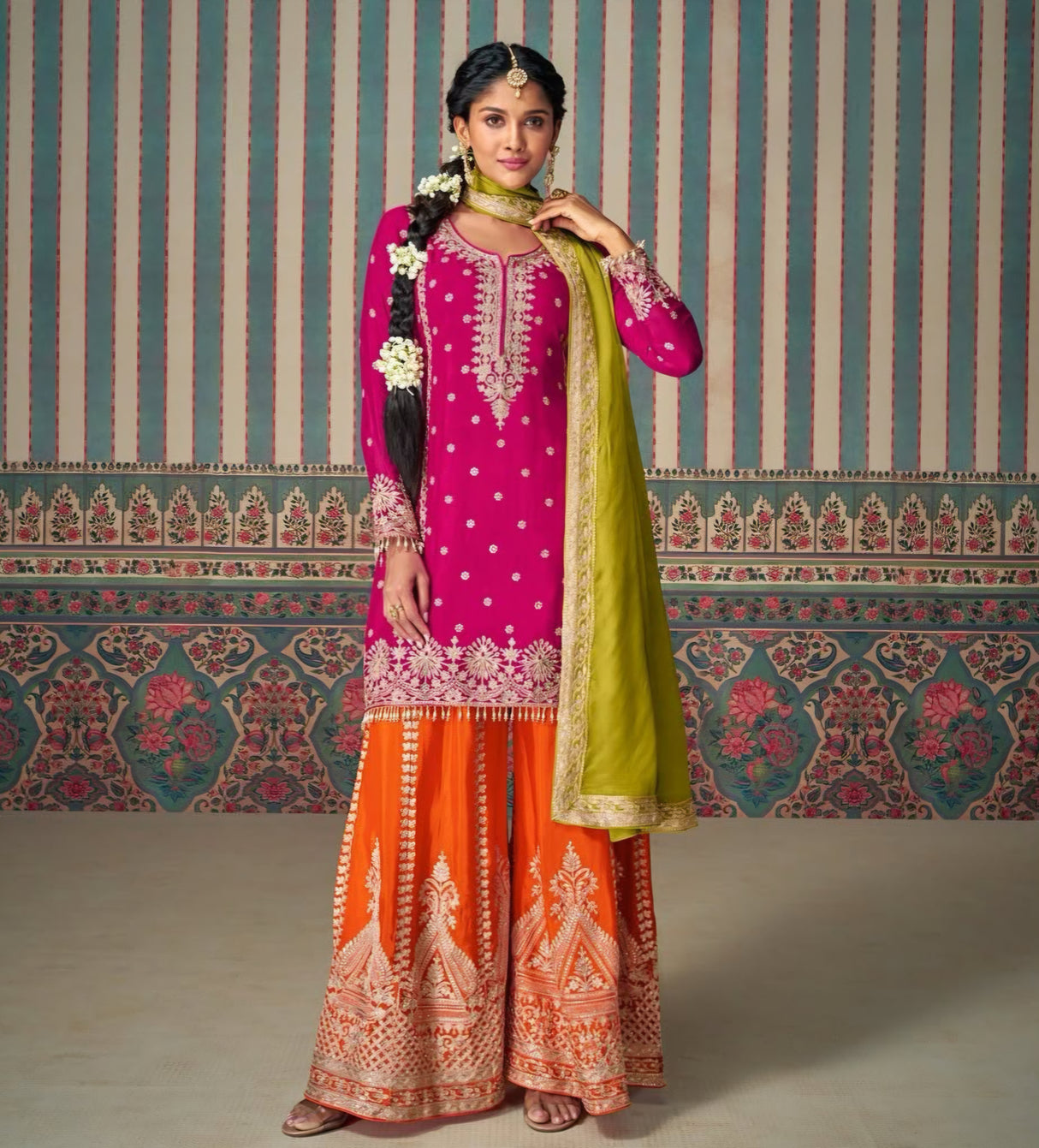 Rani Pink Kurta with Orange Sharara & Green Dupatta Set