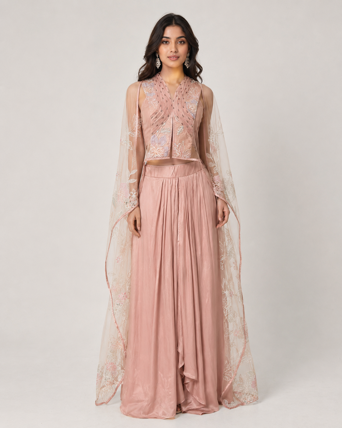 Blush Peach Embroidered Cape Palazzo Set