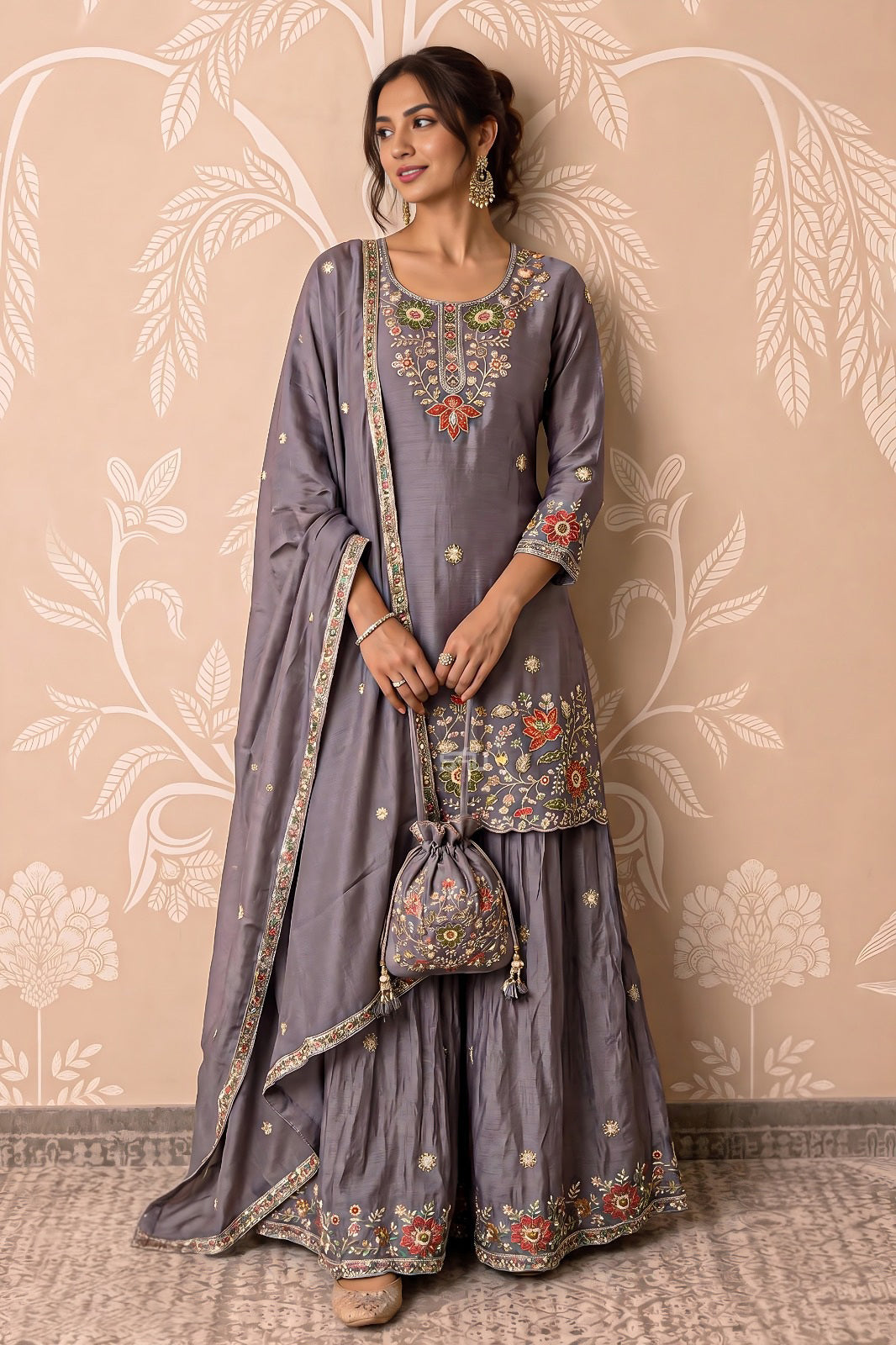 Slate Floral Embroidered Gharara Set