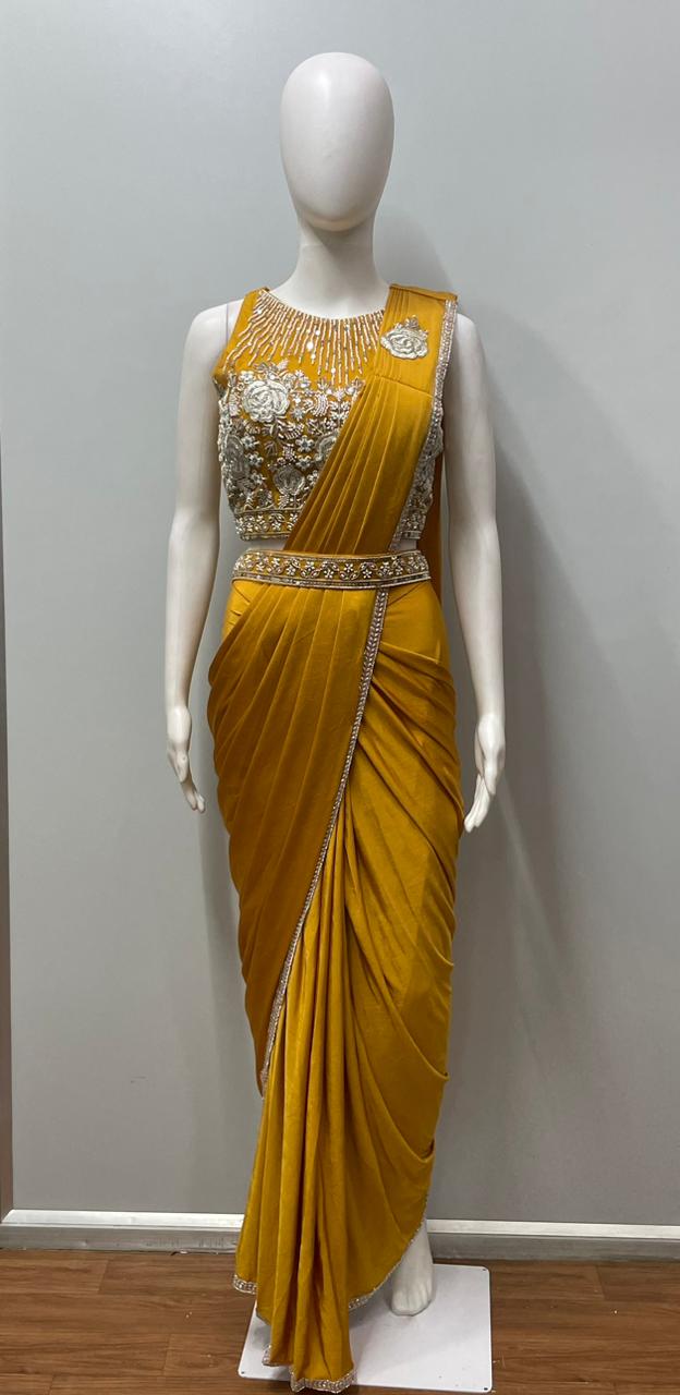 Mustard Pearl Draped Saree Set