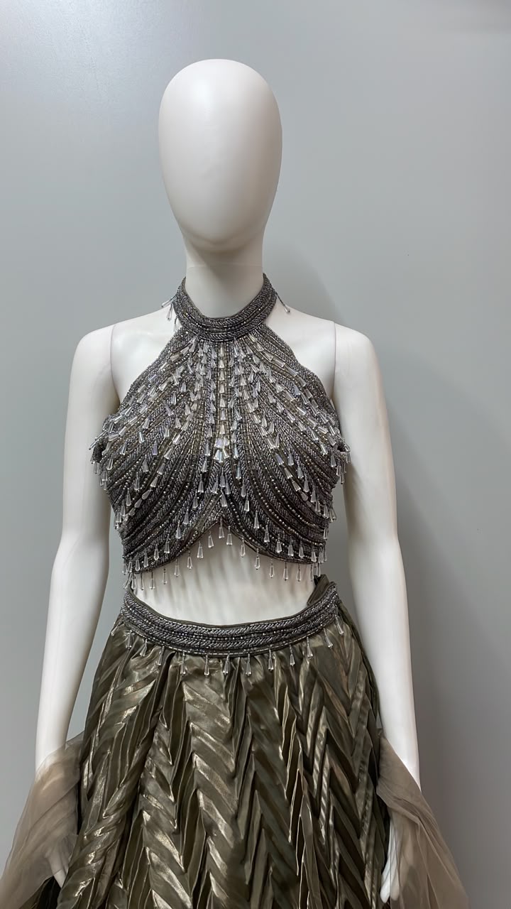 Gunmetal Shimmer Halter Lehenga Ensemble