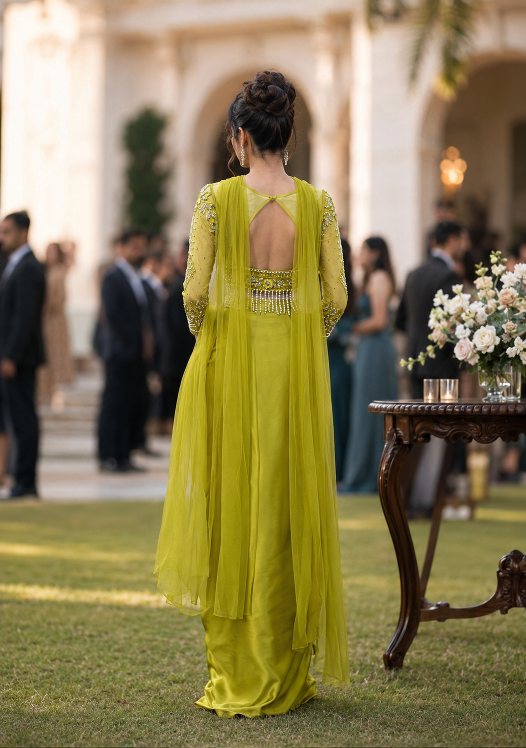 Chartreuse Pearl Draped Saree Set