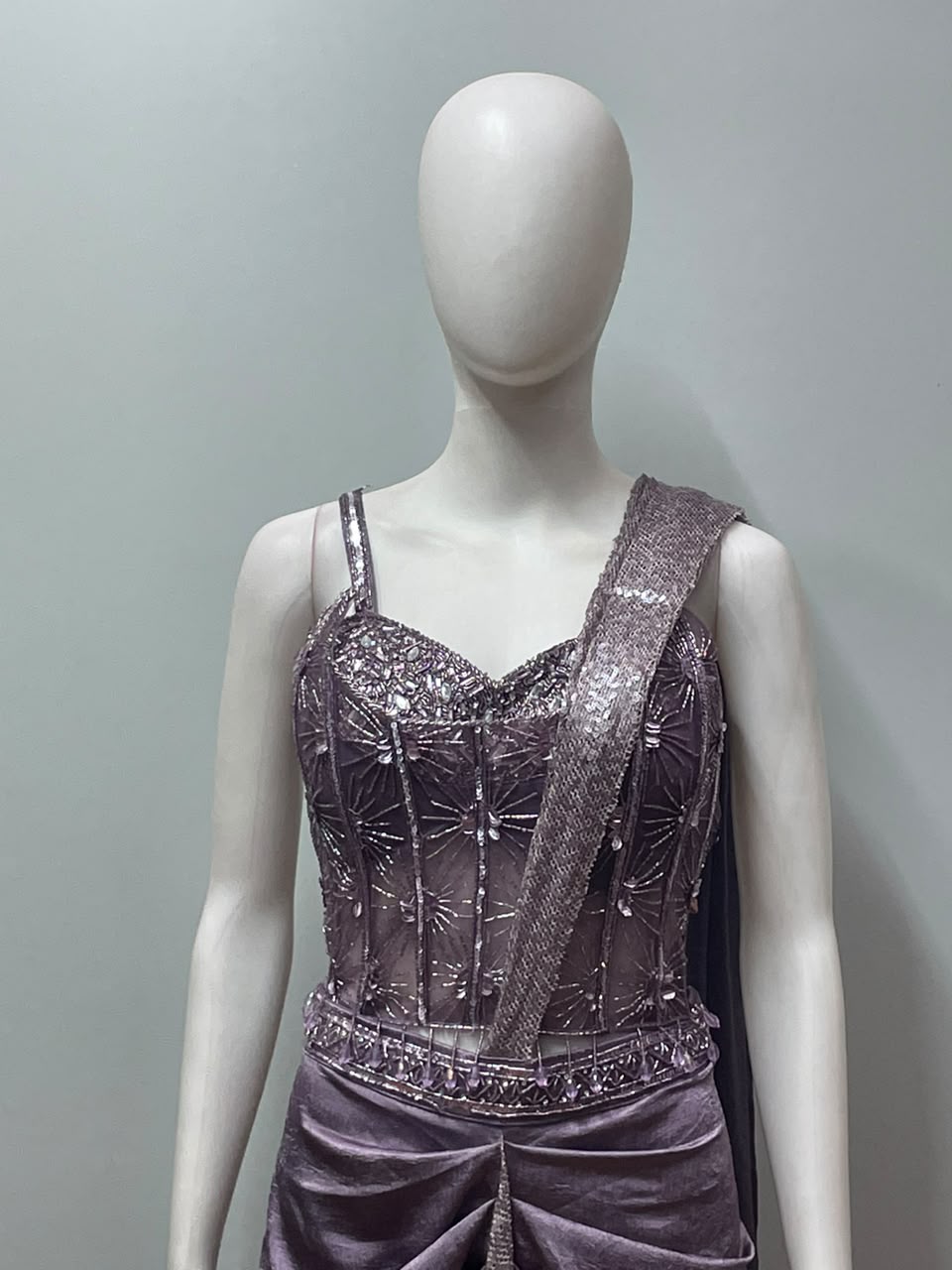 Mauve Crystal Draped Saree Set
