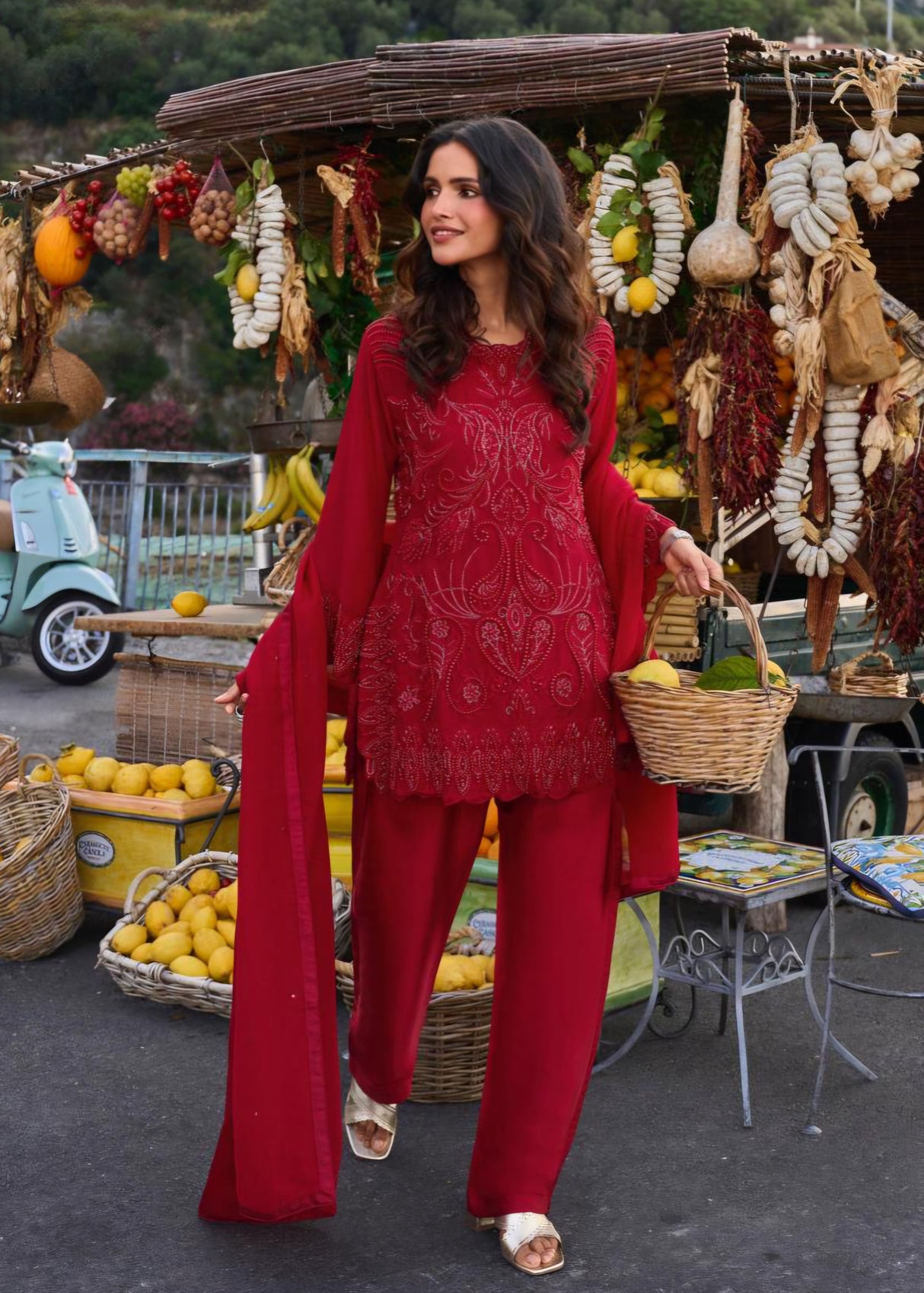 Ruby Red Embroidered Pant Set