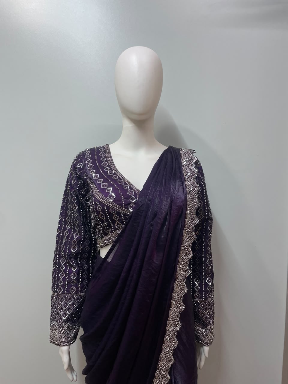 Midnight Plum Mirror Draped Saree Set