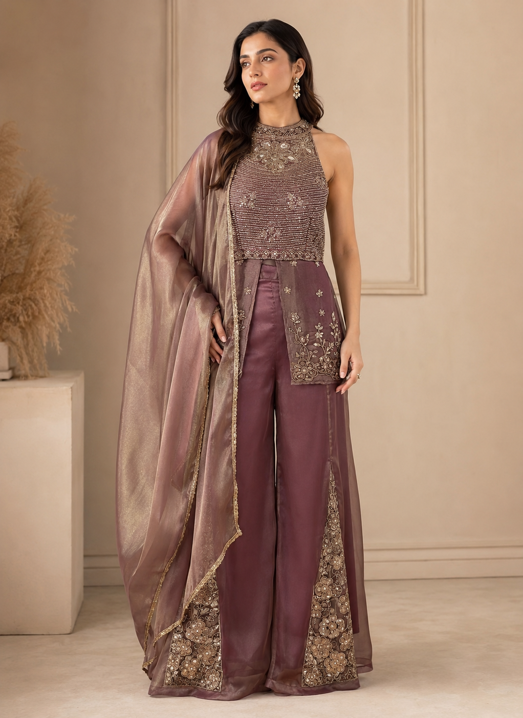 Smoky Mauve Gold Embroidered Palazzo Drape Set