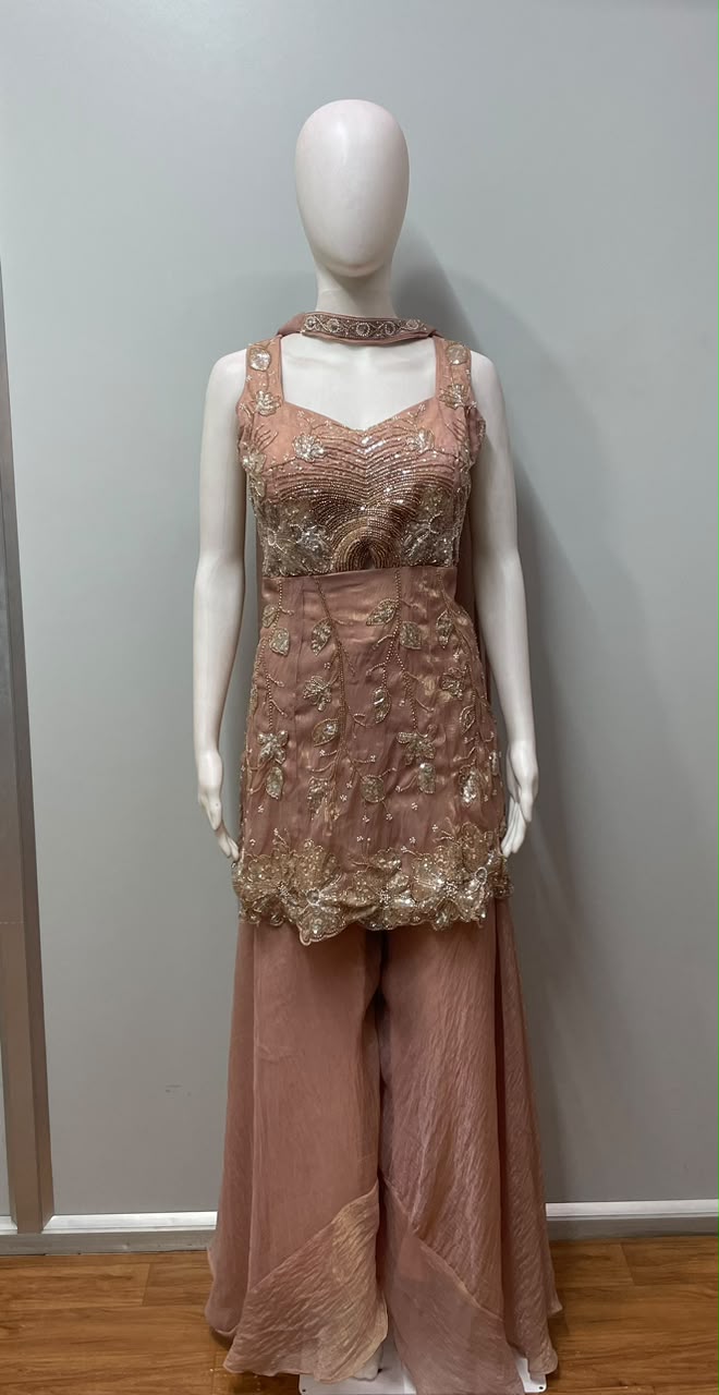 Peach Gold Embroidered Peplum Palazzo Ensemble