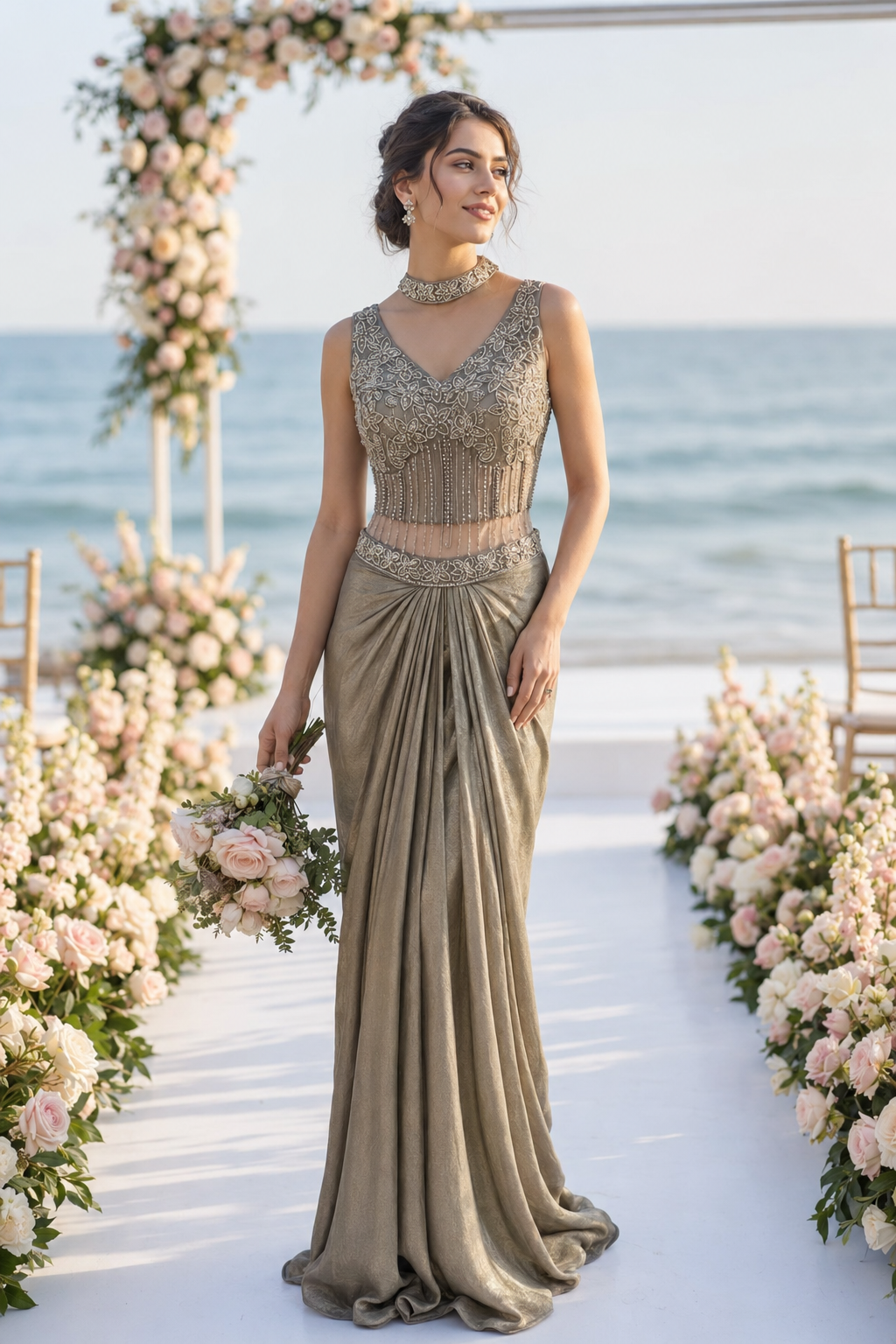 Sage Silver Draped Saree Set