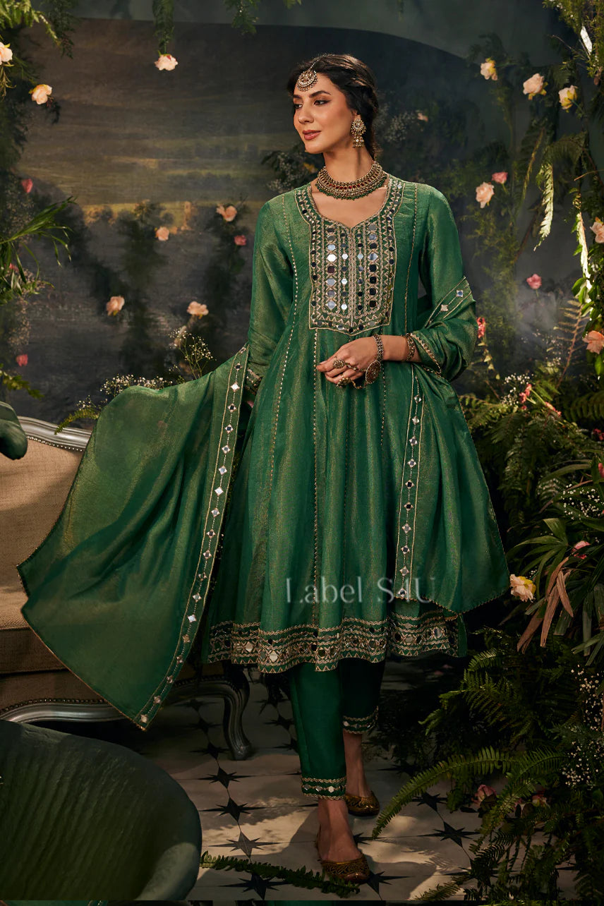 Emerald Green Mirrorwork Anarkali Set