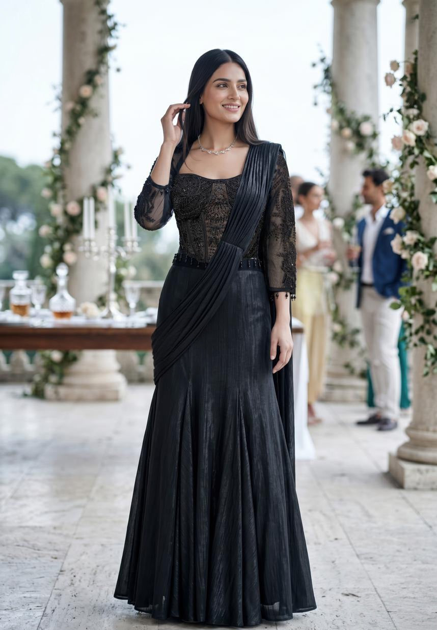 Black Embellished Draped Saree Gown Ensemble