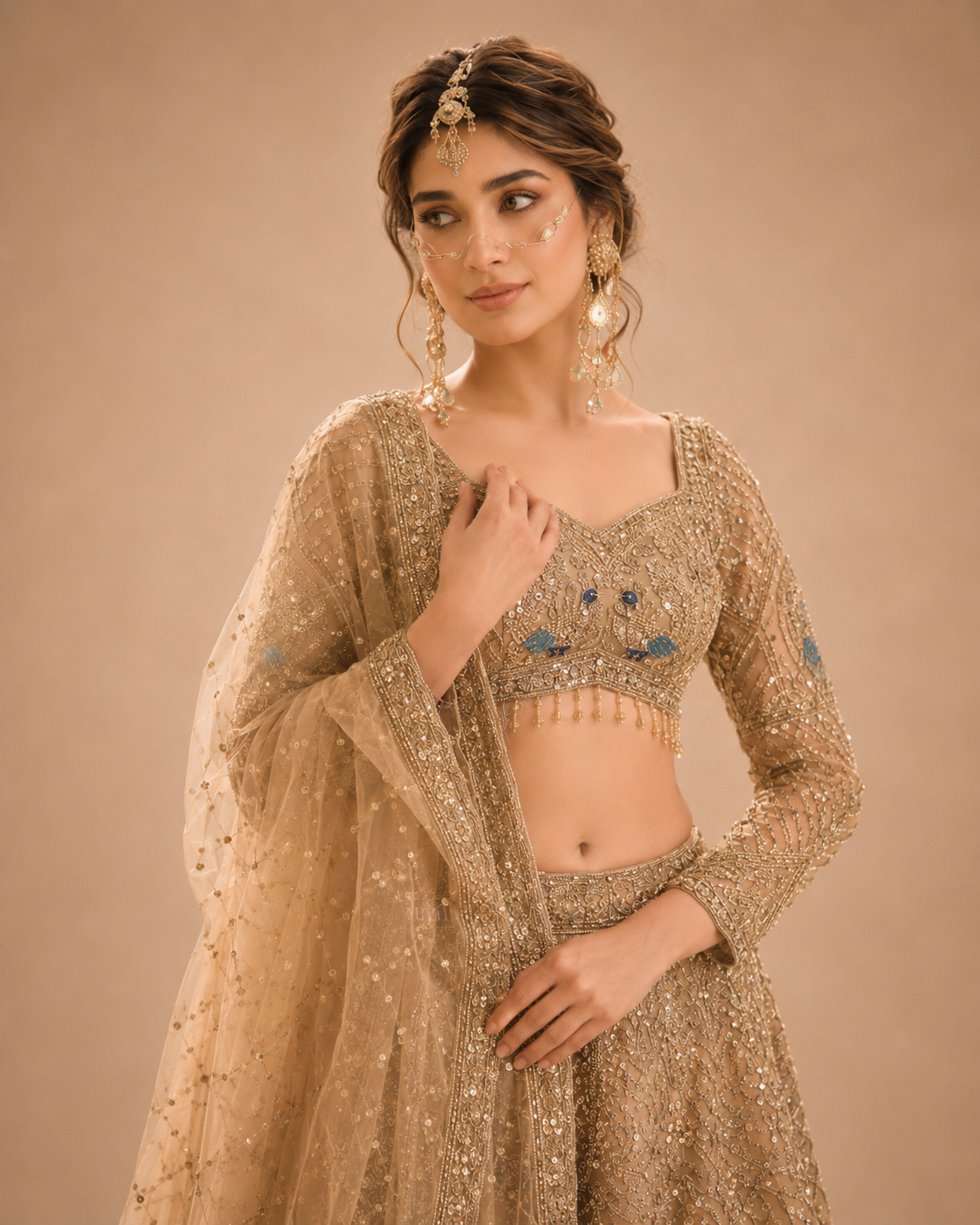 Champagne Gold Crystal Bridal Lehenga Ensemble