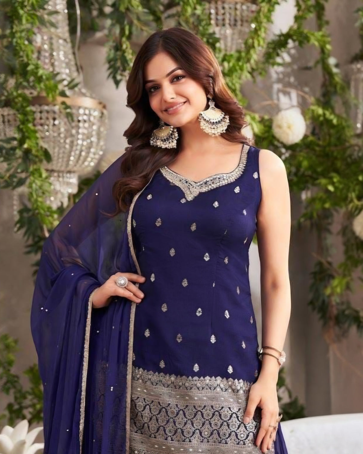 Navy Blue Embroidered Sharara Set