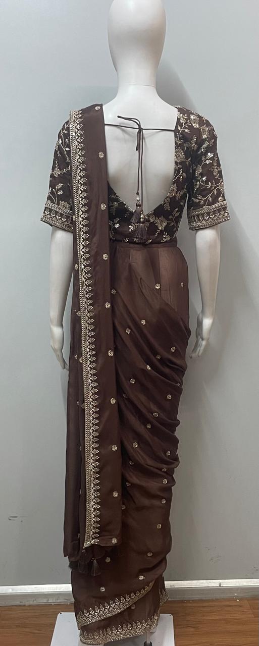 Espresso Brown Gold Embroidered Saree Ensemble