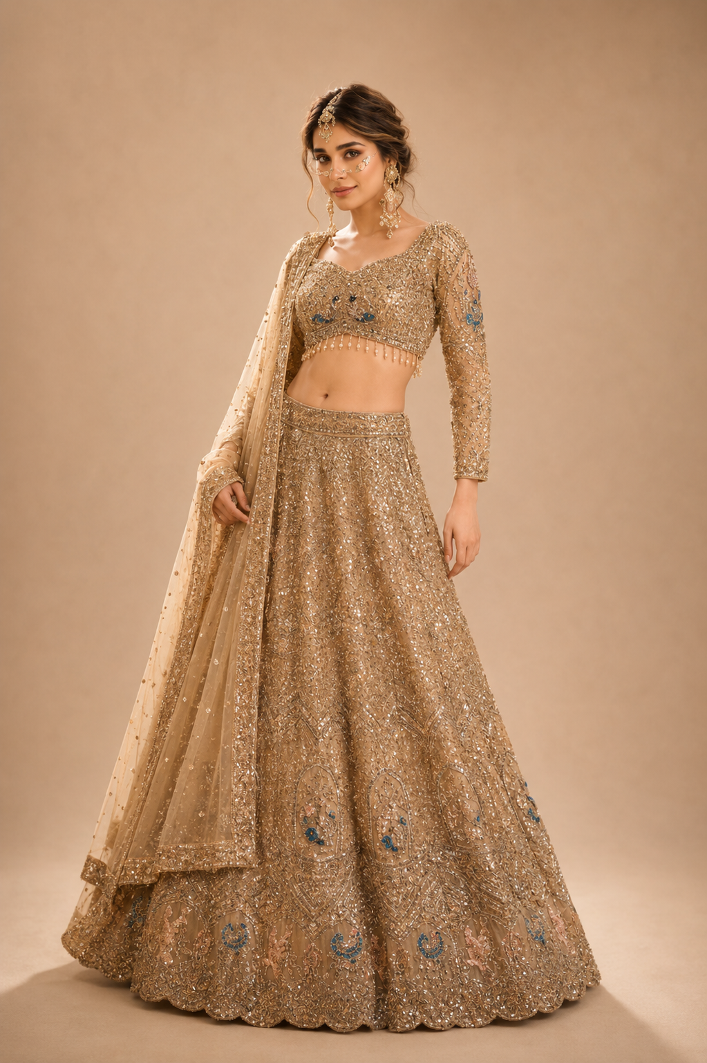 Champagne Gold Crystal Bridal Lehenga Ensemble
