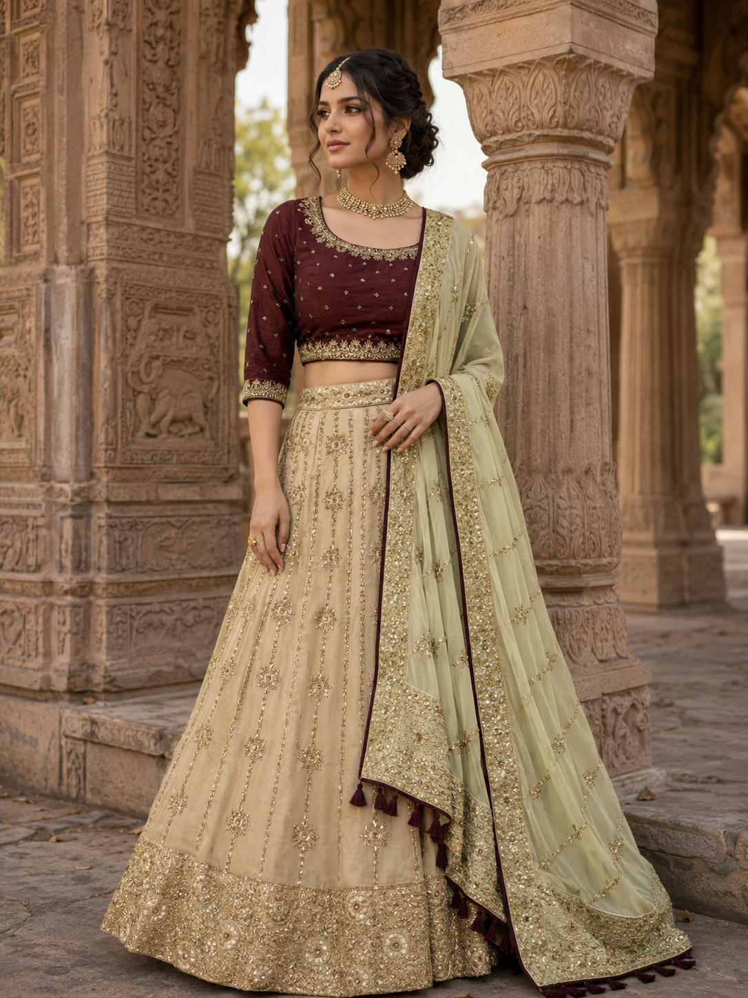 Maroon Ivory Zari Lehenga Set