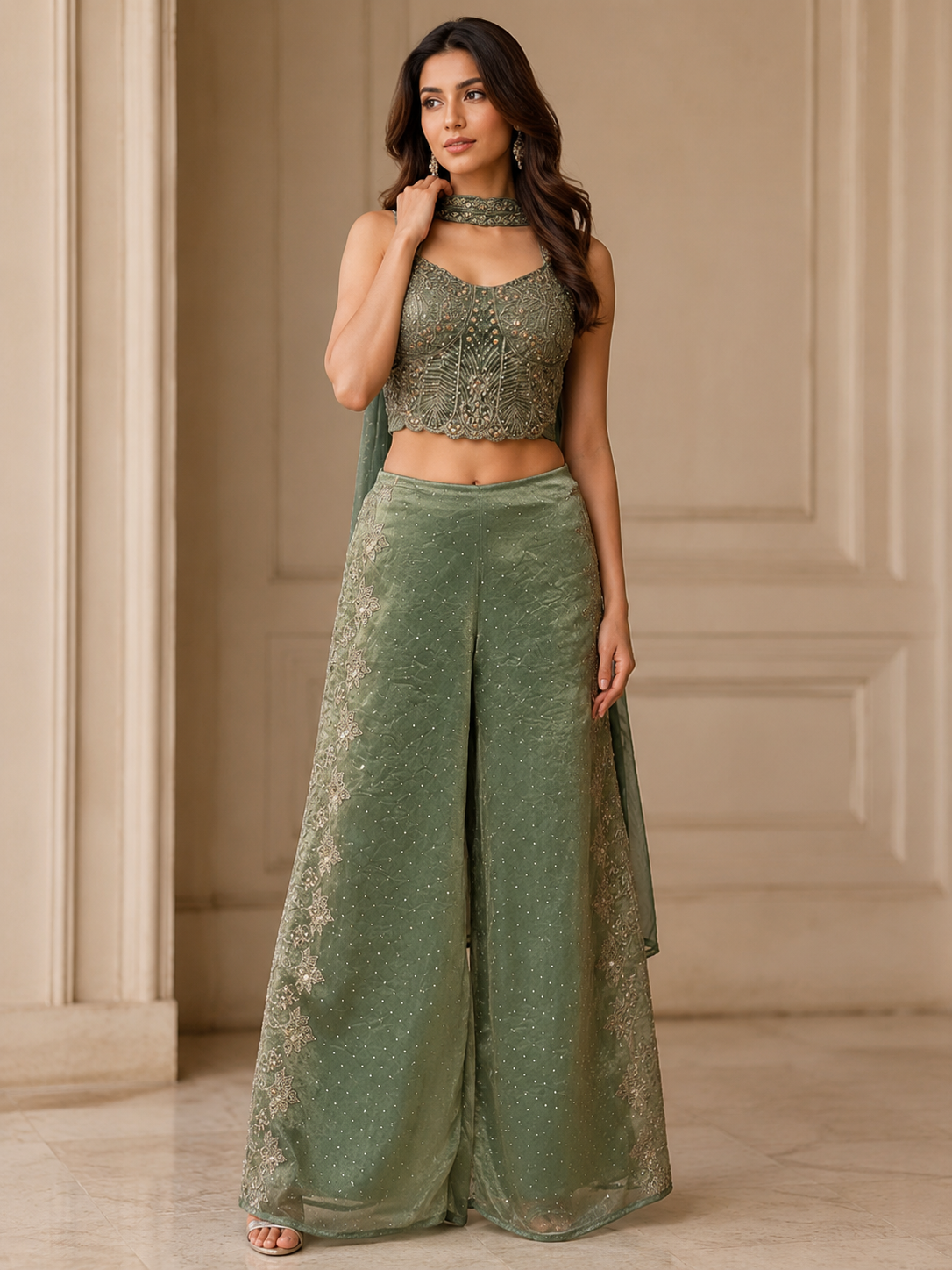 Olive Gold Embroidered Corset Palazzo Couture Set