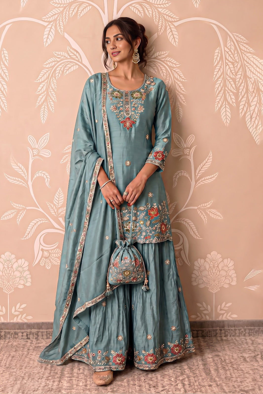 Powder Blue Floral Gharara Set