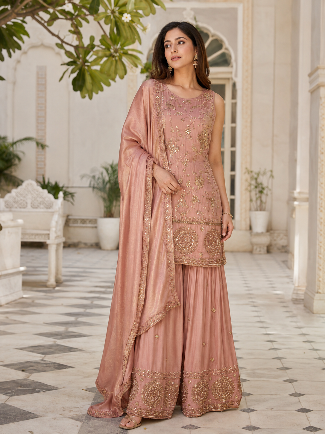 Dusty Peach Gold Embroidered Sharara Couture Ensemble