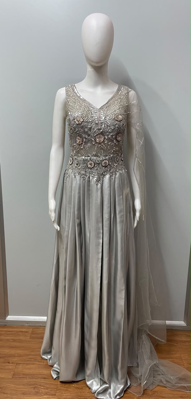 Silver Floral Embroidered Cape Evening Gown