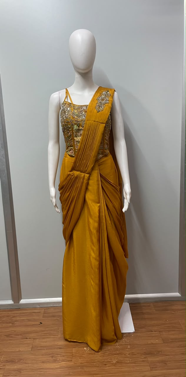 Mustard Gold Draped Saree Set
