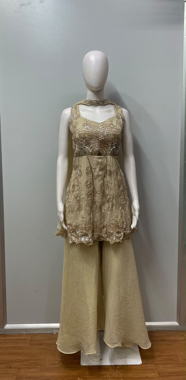 Champagne Gold Floral Embroidered Peplum Palazzo Ensemble