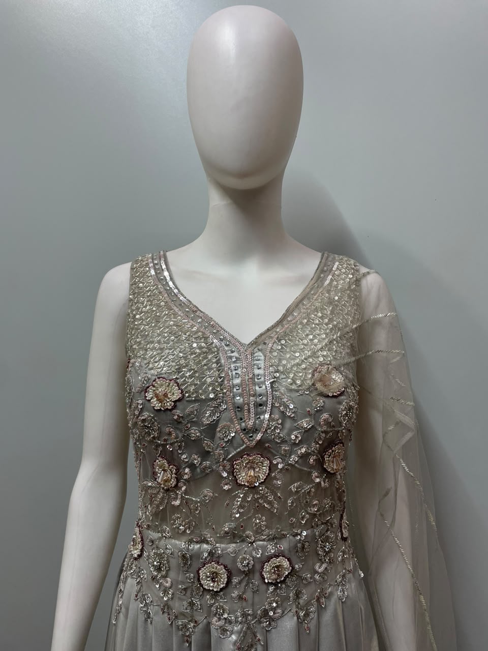 Silver Floral Embroidered Cape Evening Gown