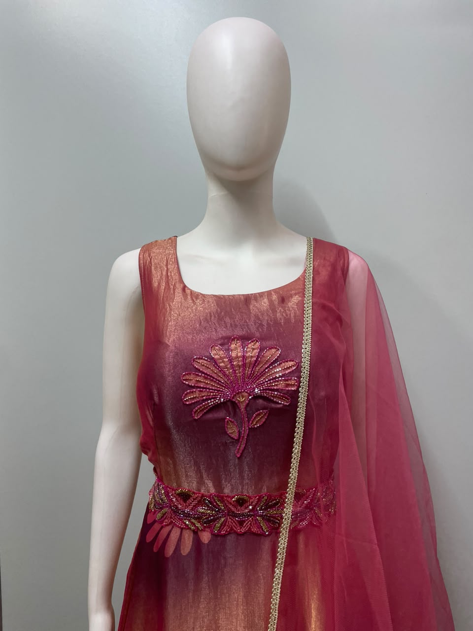 Fuchsia Gold Floral Anarkali Dupatta Set