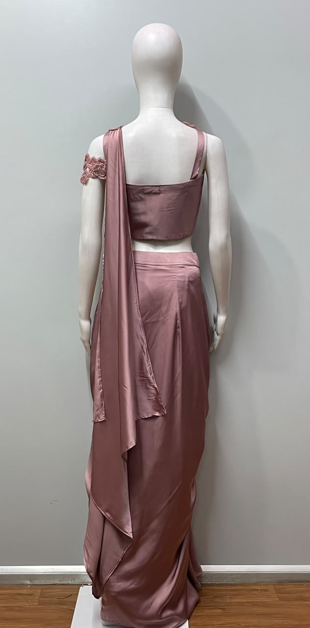 Dusty Rose Floral Draped Saree Set