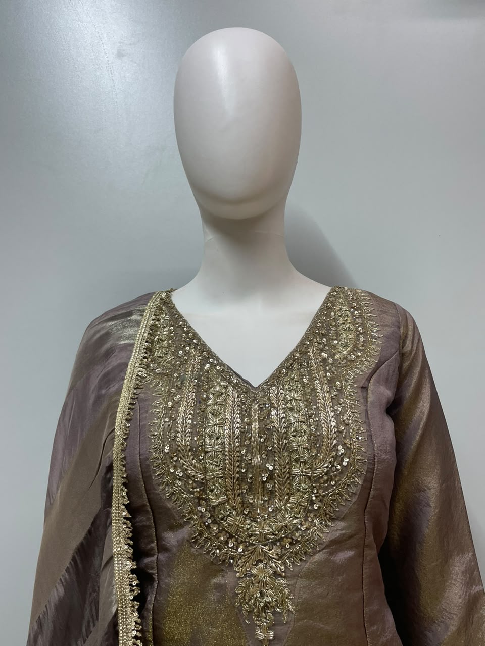 Taupe Gold Embroidered Palazzo Set