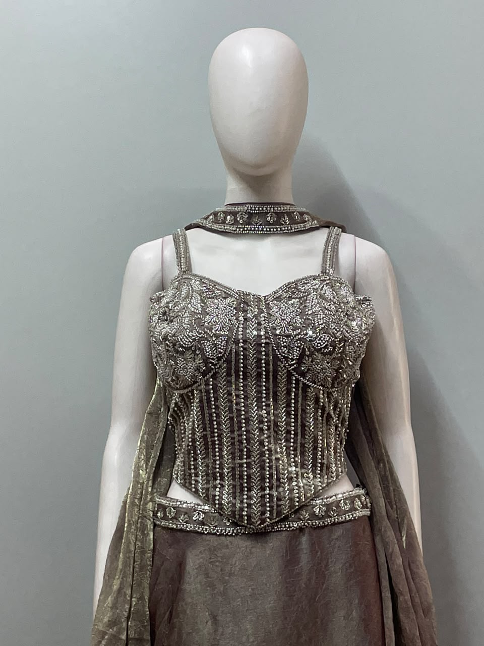Metallic Taupe Crystal Corset Lehenga Ensemble