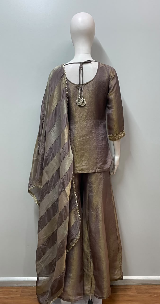 Taupe Gold Embroidered Palazzo Set