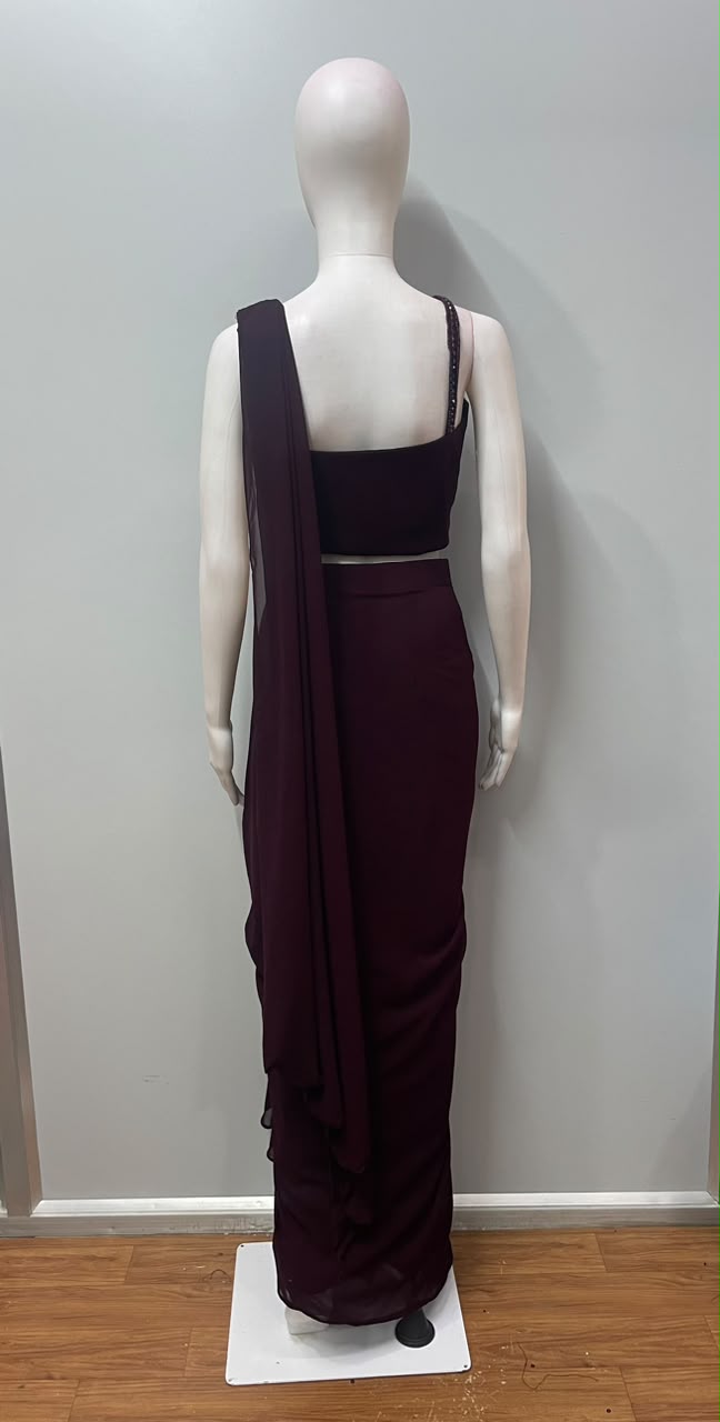 Maroon Corset Draped Saree Set