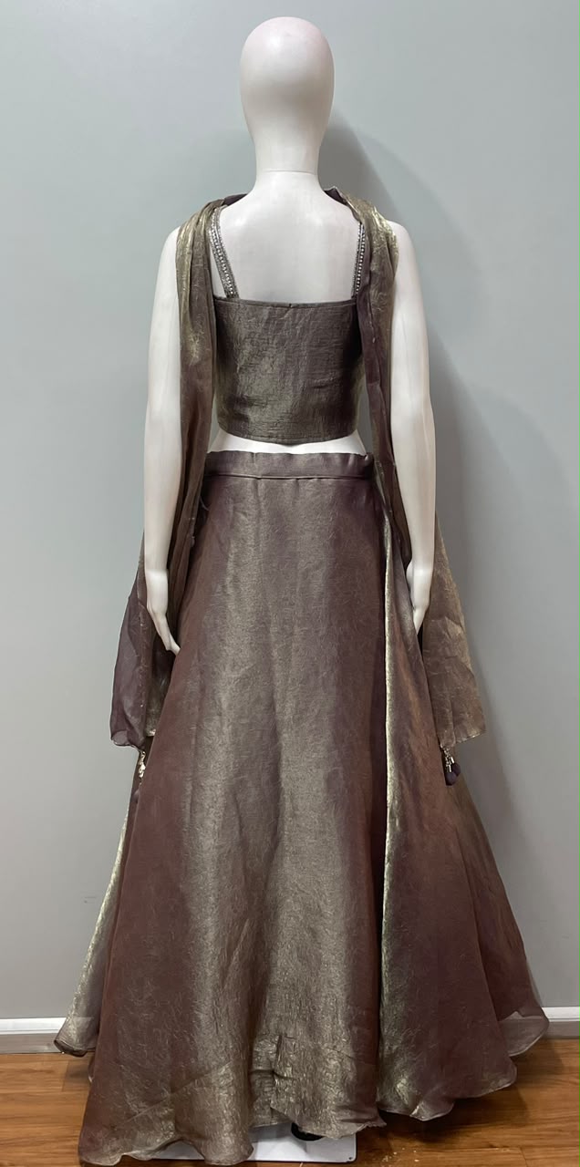 Metallic Taupe Crystal Corset Lehenga Ensemble