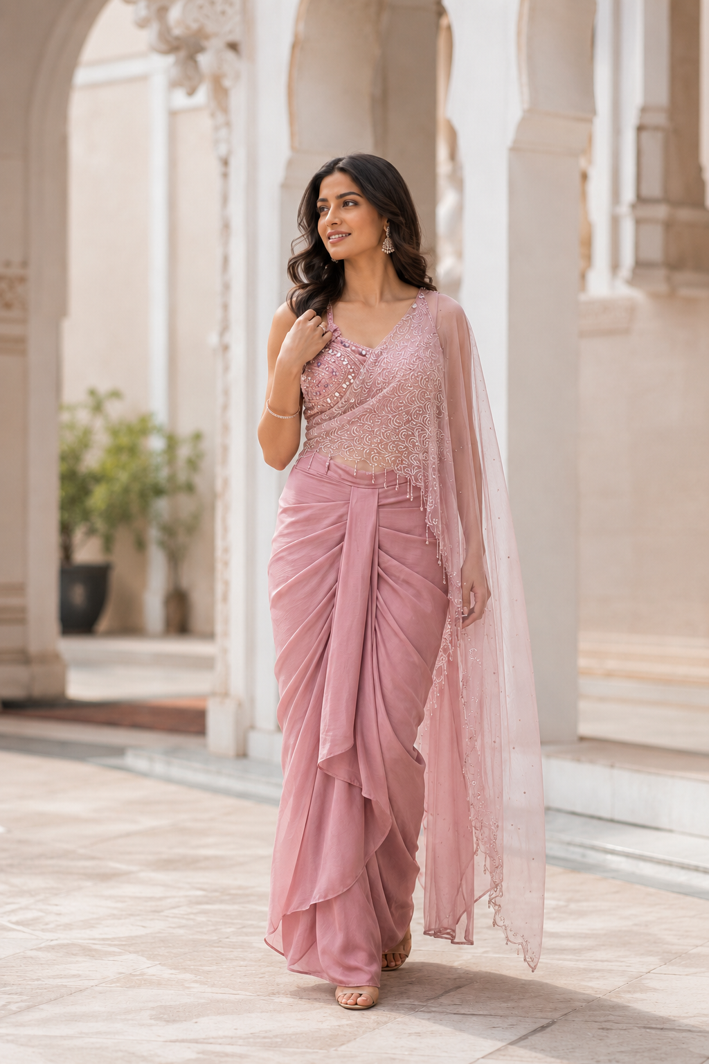 Dusty Mauve Silver Embellished Pre-Draped Saree Set