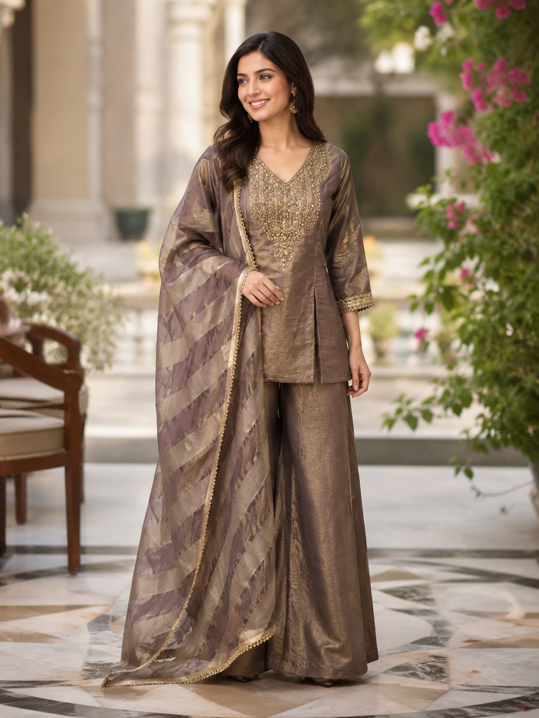 Taupe Gold Embroidered Palazzo Set