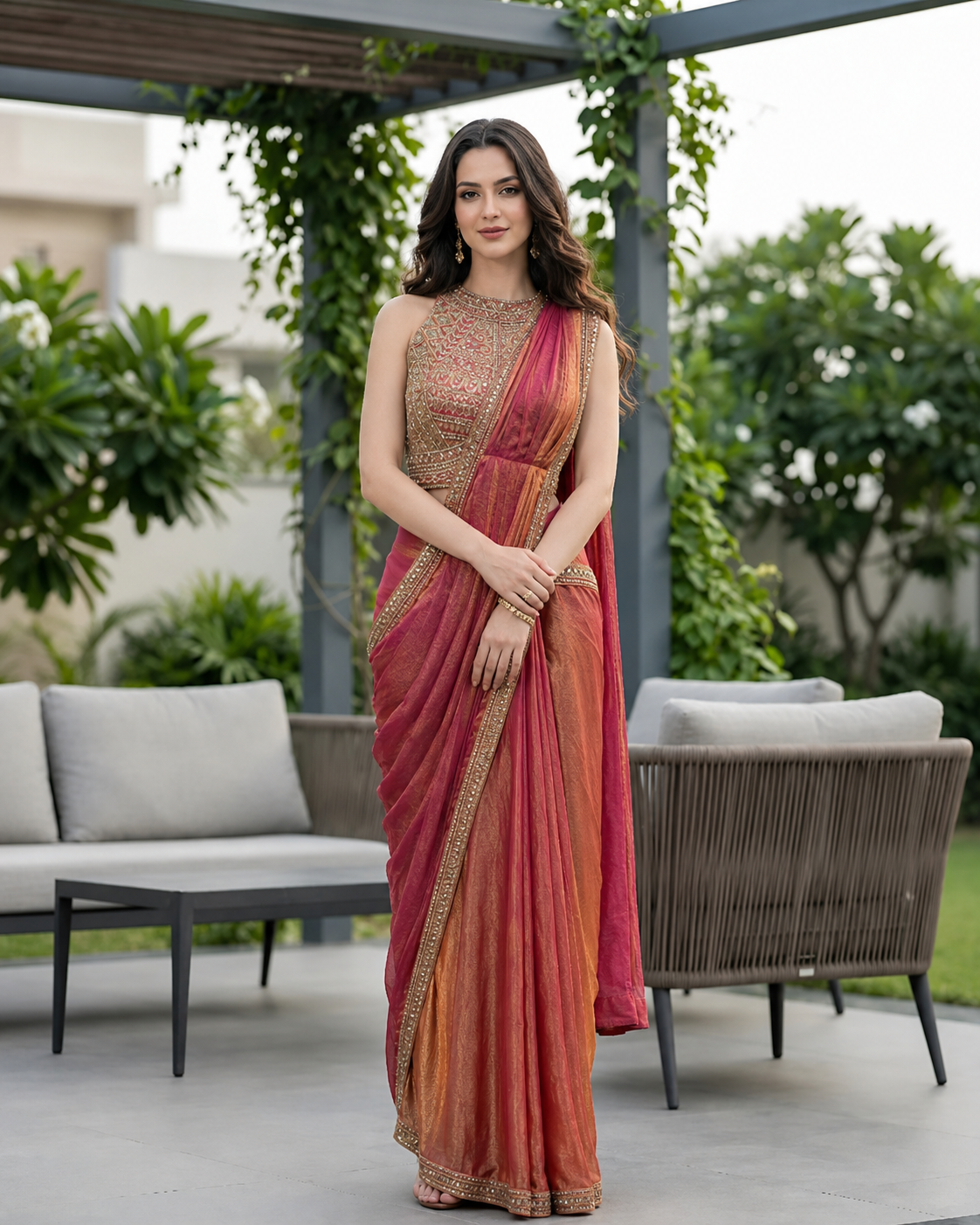 Magenta Amber Embroidered Draped Saree Set