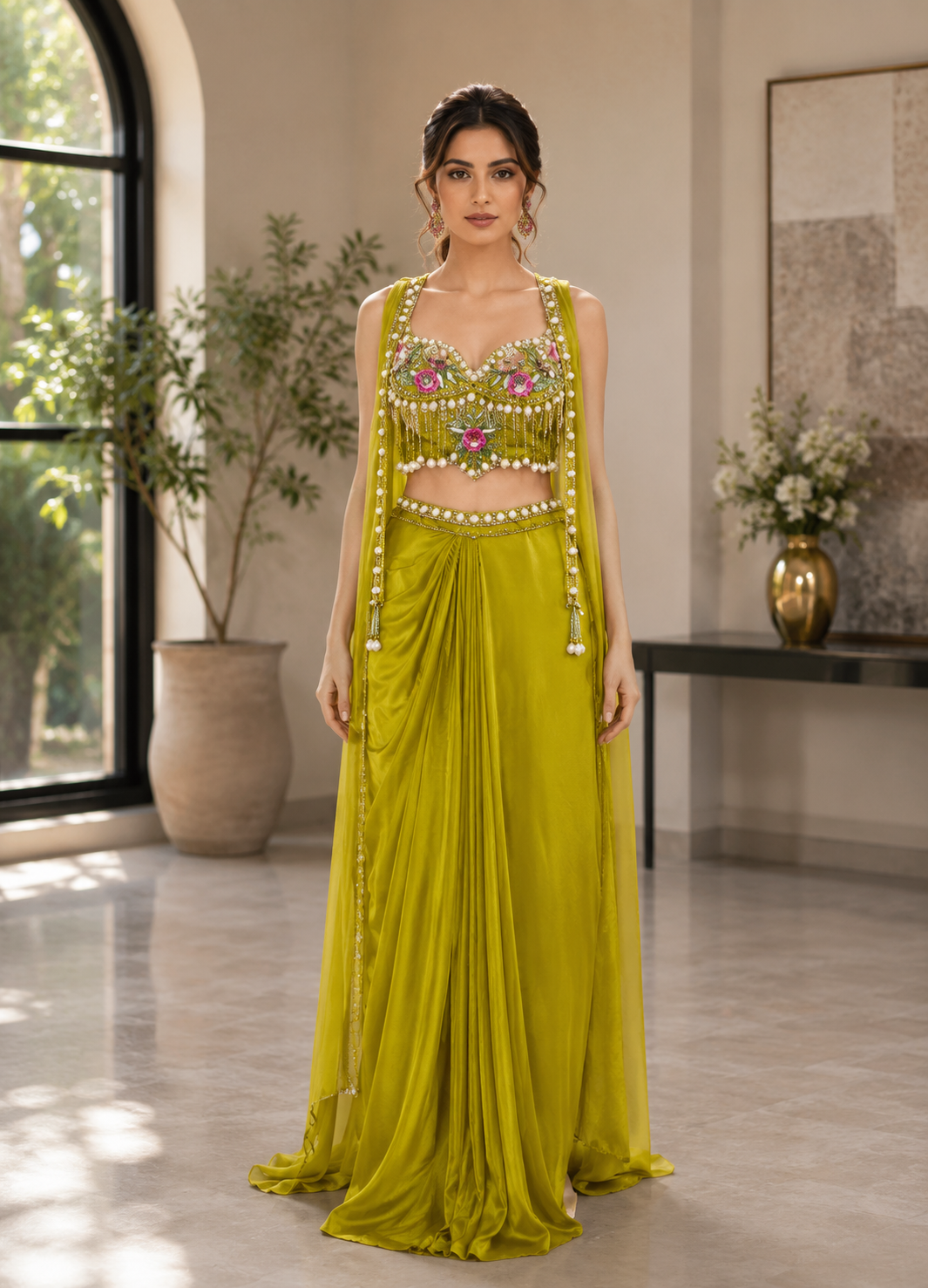 Citrine Pearl Floral Pre-Draped Saree Set