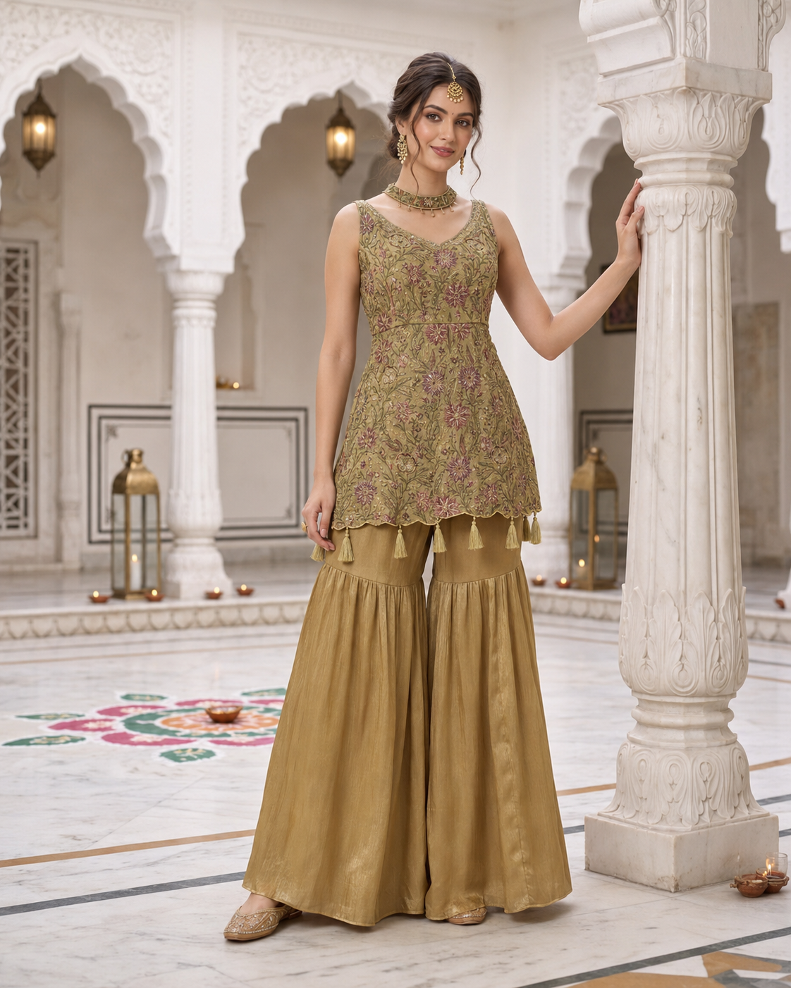 Olive Floral Embroidered Gharara Set