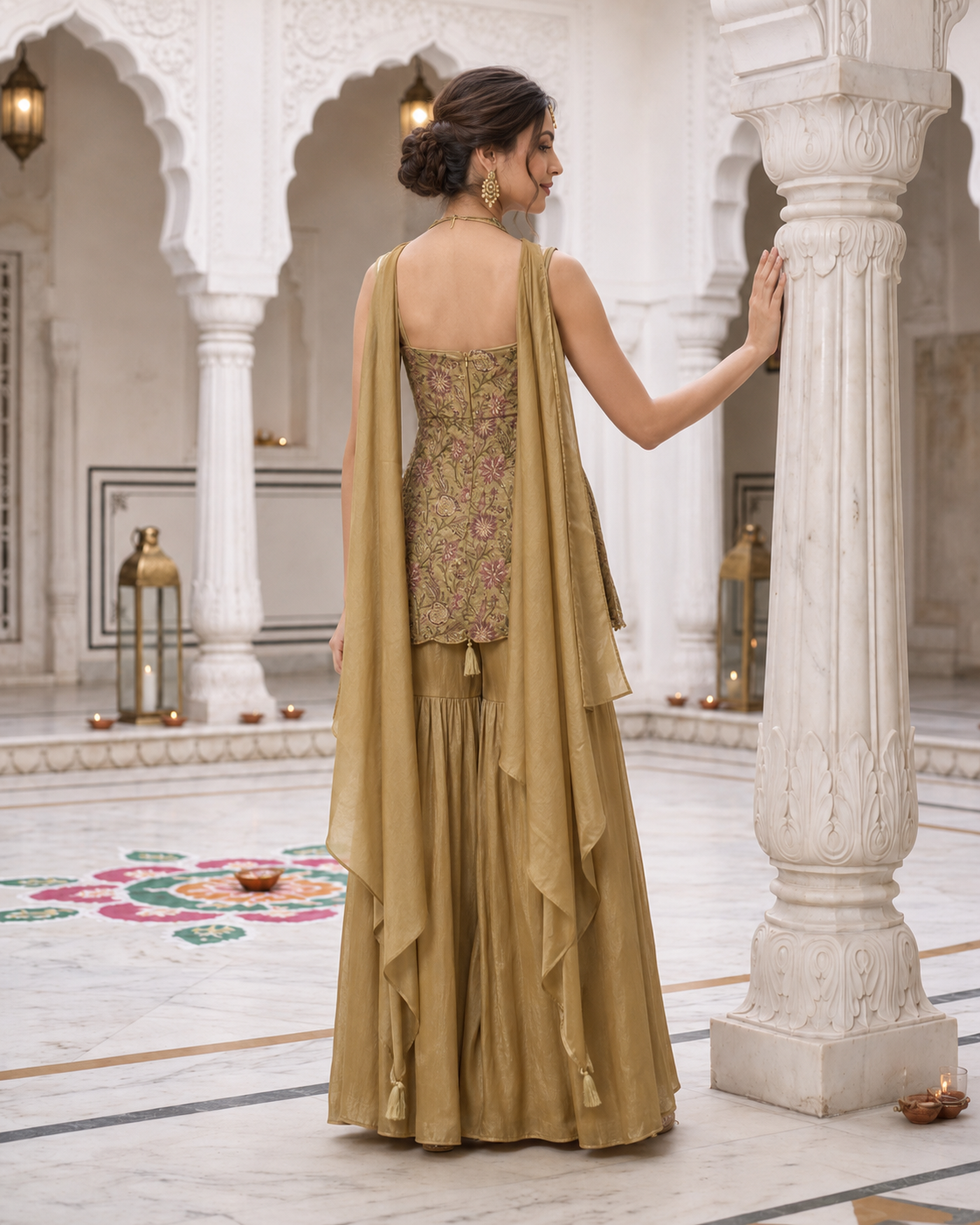 Olive Floral Embroidered Gharara Set
