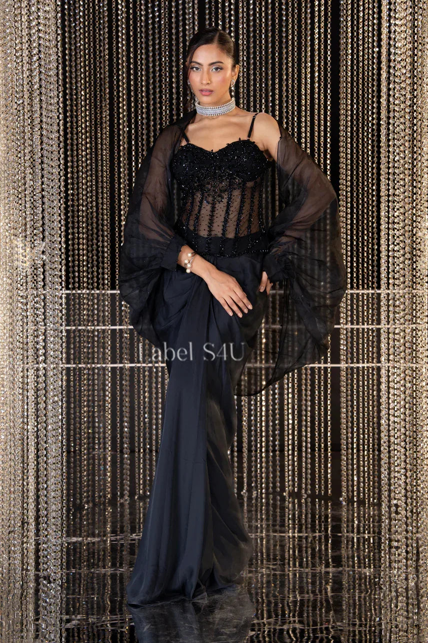 Black Embellished Evening Saree Gown - MishUUU